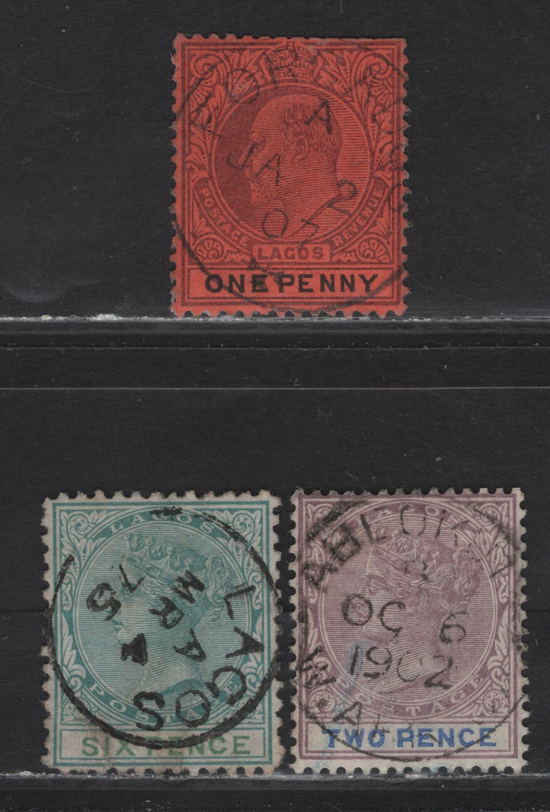 Lot 205 Lagos (C)  Selection Of Abeokuta, Forcados & Lagos CDS Cancels On, 1874-75, 1887-1902 Queen Victoria Keyplates & 1904-1906 King Edward VII Keyplates Issues, 3 F&VF Used Singles SG# 6,30,55