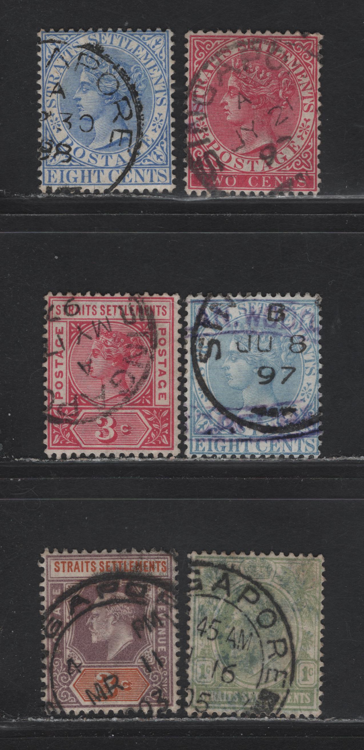 Lot 212 Malaya - Straits Settlement (C)  Singapore Cancels On, 1883-91,1892-99 Queen Victoria Crown Ca Keyplates, 1902-1903, 1904-1910 King Edward VII Keyplates Issues, 6 F&VF Used SIngles Includes SG# 63a,96,101,101a,111,127