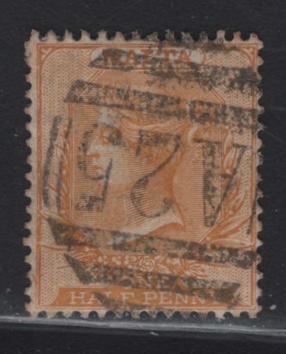 Lot 219 Malta (C) SG#19 1/2d Red Orange, 1882-1884 Queen Victoria Keyplates Issue, Wmk Crown CA, A Fine Used Single With Bold Strike Of A25 Cancel
