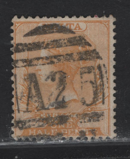 Malta (C) SG#18 1/2d Orange-Yellow, 1882-1884 Queen Victoria Keyplates Issue, Wmk Crown CA, Perf 14, A Fine Used Single With Clear Strike Of A25 Barred Numeral Cancel