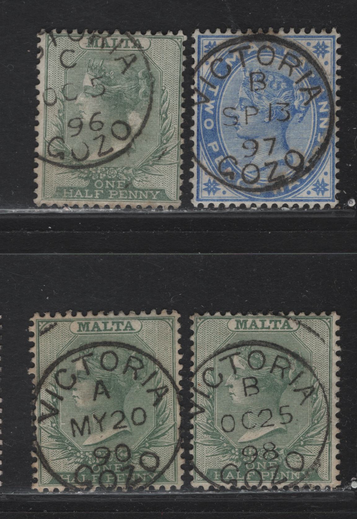 Lot 225 Malta (C)  SON Victoria Gozo CDS Cancels On 1/2d Dull Green & 2 1/2d Ultramarine From The, 1885-1890 Queen Victoria Crown CA Keyplates Issue, 4 F&VF Used Singles