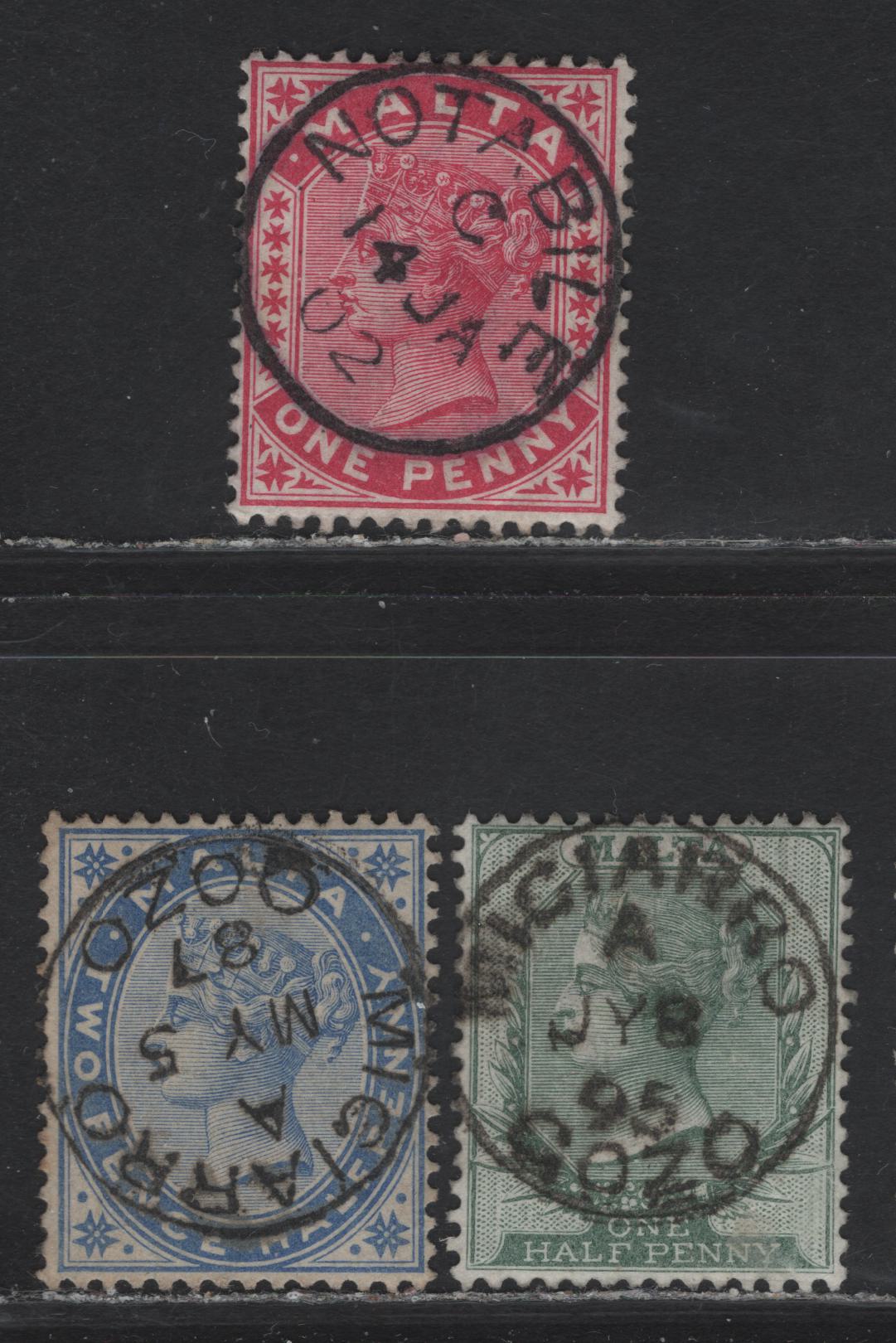 Lot 226 Malta (C)  Migiarro And Nottabile CDS Cancels On 1/2d,1d,2 1/2d, 1887, 1895 & 1902 Queen Victoria Crown CA Keyplates Issue, 3 VF Used SIngles The 2 1/2d Is The Dull Blue Shade, SG# 24, 20, 22