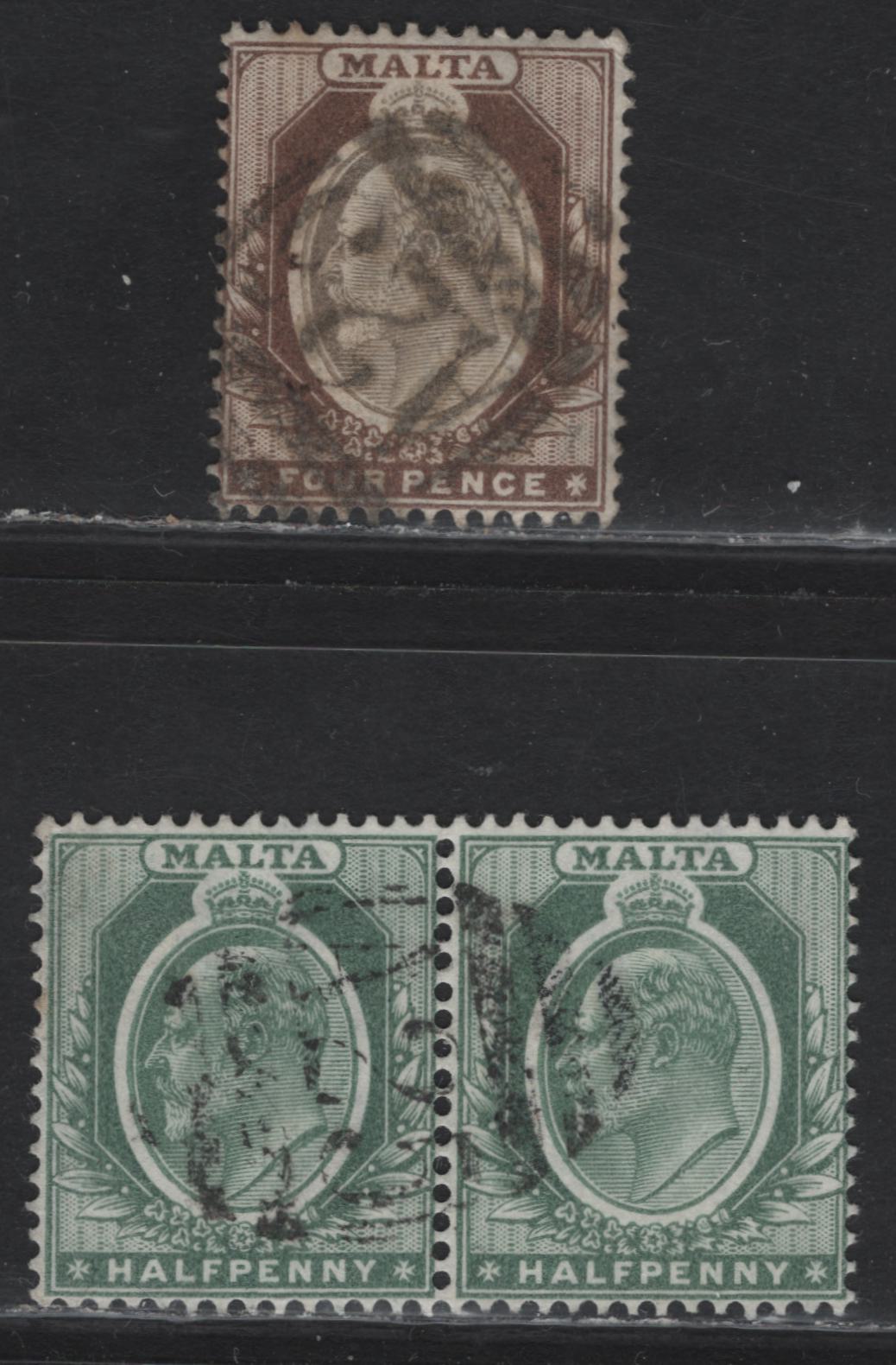 Lot 228 Malta (C) SG#38, 43. A25 Barred Numeral Cancels On, 1903-1904 King Edward VII Keyplates Wmk Crown CA, 3 Fine Used SIngles