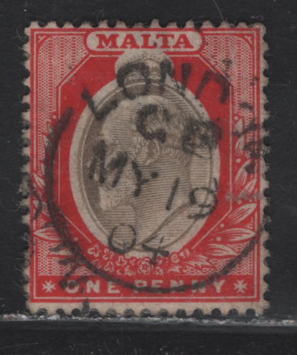 Lot 230 Malta (C) SG#39 1d Brownish Grey & Red, 1903-1904 King Edward VII Keyplates Wmk Crown CA, A VF Used Single With Clear May 19, 1904 London Cancel, Denoting Ship Mail Usage