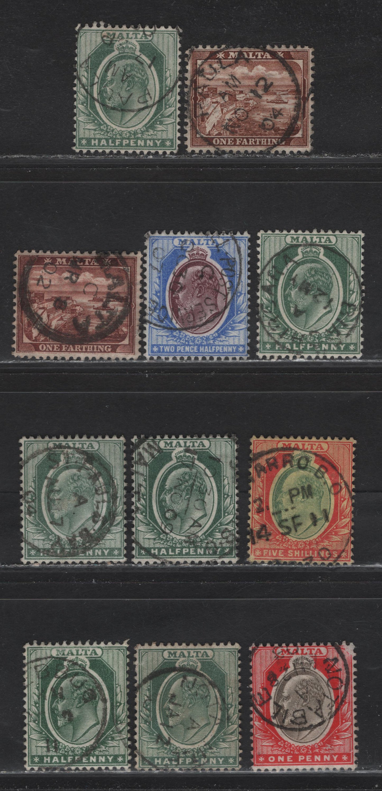 Lot 231 Malta (C)  Selection Of Malta & Small Town Cancels On, 1903-1904 & 1904-1914 King Edward VII Keyplates Wmk Crown CA & Mult. Crown CA, 11 F&VF Used Singles Cancels Include Barro,Notabile, Paula Malta, St. Pauls & Others Unidentified