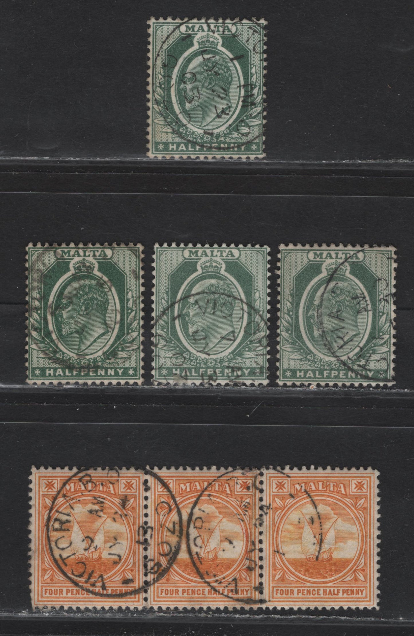 Lot 232 Malta (C)  Selection Of Victoria Gozo CDS Cancels On, 1903-1904 & 1904-1914 King Edward VII Keyplates Wmk Crown CA & Mult. Crown CA, 4 Singles & Strip Of 3 VF Used Singles Victoria Is A Smaller Post Office