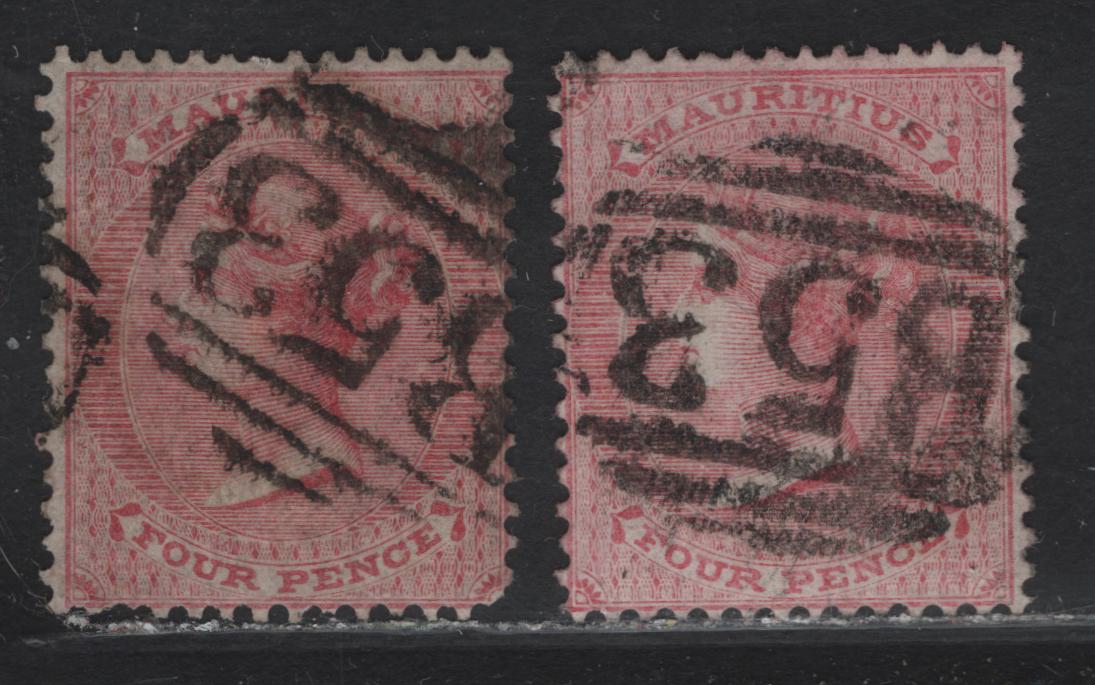 Lot 235 Mauritius (C) SG#48 4d Rose, 1860-1863 Queen Victoria Keyplate Issue, 2 G&F Used Singles Two Slightly Different Shades, Both With Full B53 Barred Numeral Cancels