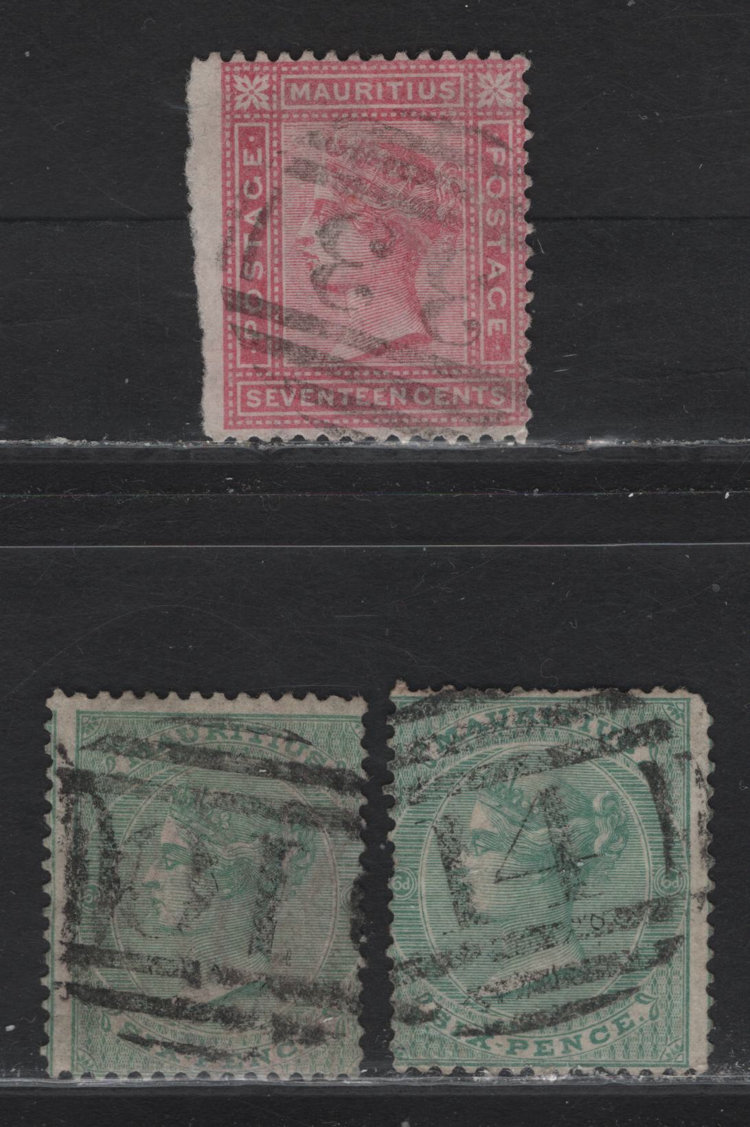Lot 237 Mauritius (C) SG#64,65,96 A Selection Of Barred Numeral Cancels On, 1863-1872, 1879-1880 Crown CC Keyplates Issue, 3 G&VG Used Singles Cancels Include #10 Flacq, #14 Maheborg, #33 Grand Gaube, Scarce On These Issues