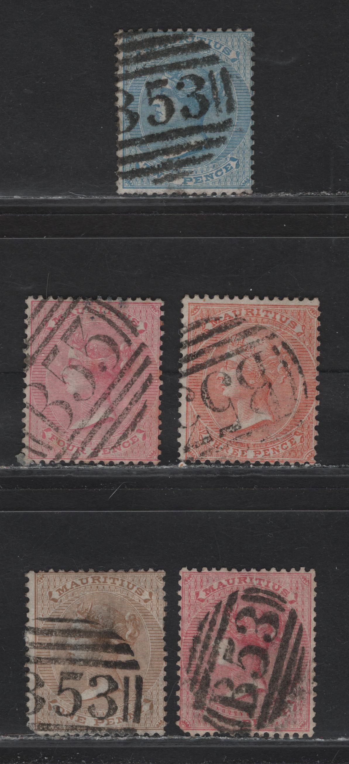 Lot 238 Mauritius (C) SG#57,60,61a,62, 1863-1872 Queen Victoria Issue, Crown CC Keyplates Issue, 5 F&VF Used Singles All With Clear Strikes Of B53, Port Louis Barred Numeral Cancels W/ Large & Small Font Sizes