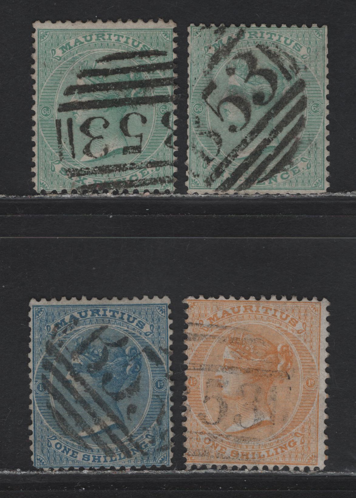 Lot 239 Mauritius (C) SG#65,69,70 6d Blue Green,1/-Orange, 1/- Blue, 1863-1872 Queen Victoria keyplates Issue Crown CC, 4 Fine Used Singles All With Clear Strikes Of B53, Port Louis Barred Numeral Cancels W/ Large & Small Font Sizes