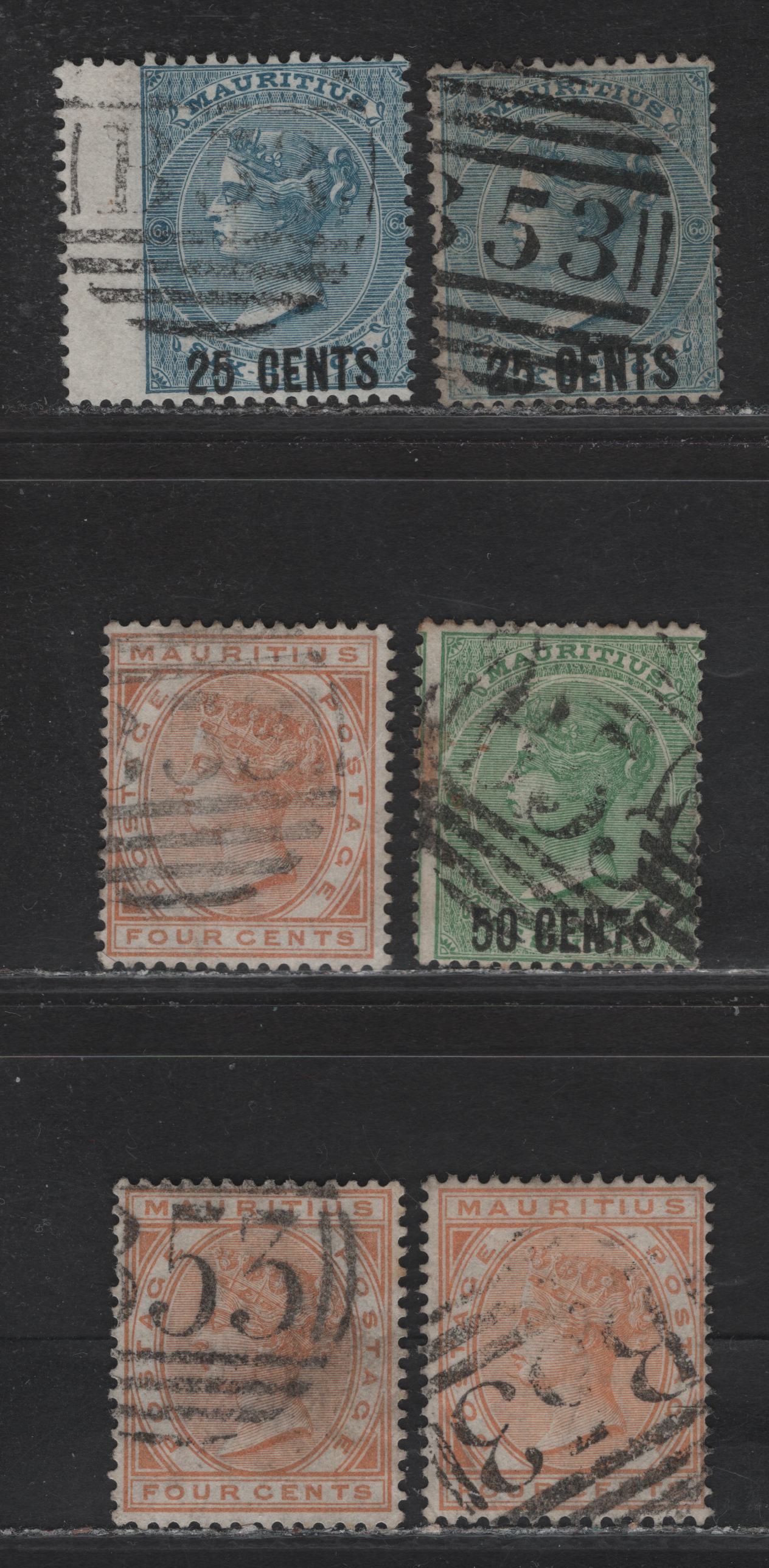 Lot 242 Mauritius (C) SG#88,90,93, 1878, 1879-1880 Queen Victoria Issue, Crown CC Keyplates Issue, 6 VG&F Used Singles All With Clear Strikes Of B53, Port Louis Barred Numeral Cancels W/ Different Font Sizes