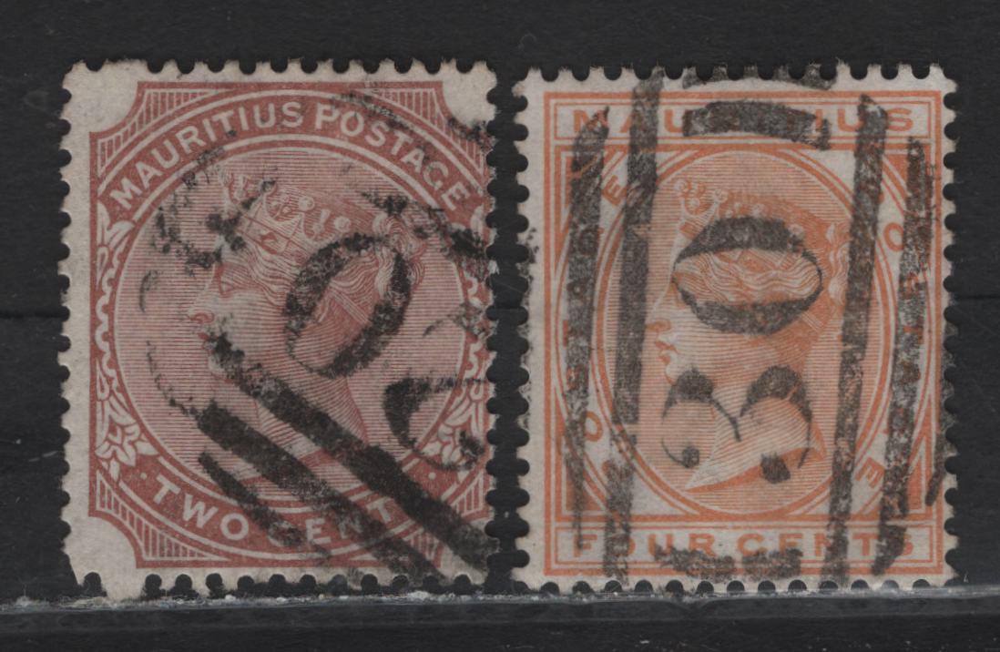 Lot 243 Mauritius (C)  Cancels #30 (Grand Rosalie) & #20 Rose-Hill On, 1879-1880 Queen Victoria Issue, Crown CC Keyplates Issue, 2 Fine Used Singles These Are Both Scarcer Cancels. 2d Venetian Red, 4c Orange