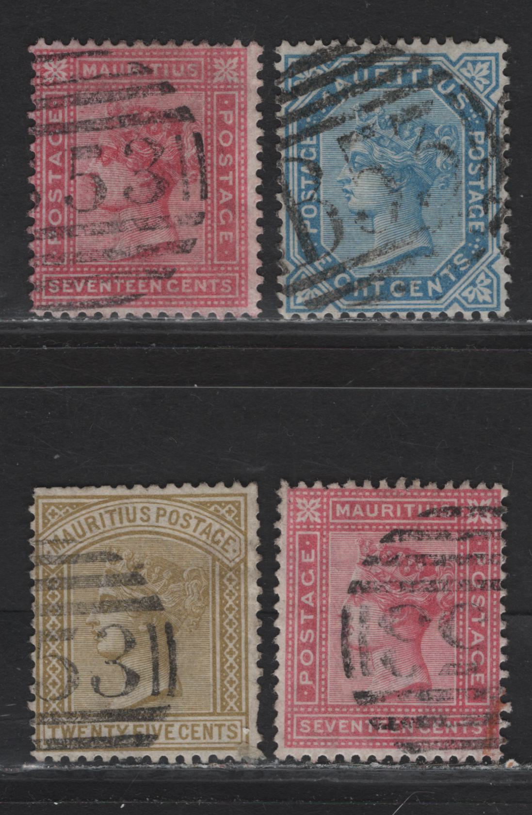 Lot 244 Mauritius (C) SG#94, 96-97 8c - 25c Blue -Olive Yellow Queen Victoria, 1879-1880 Queen Victoria Keyplate Issue, 4 Very Good/Fine Used Singles, Clear B53 Port Louis Barred Numeral Cancels, Two Slightly Different Font Sizes On 17c