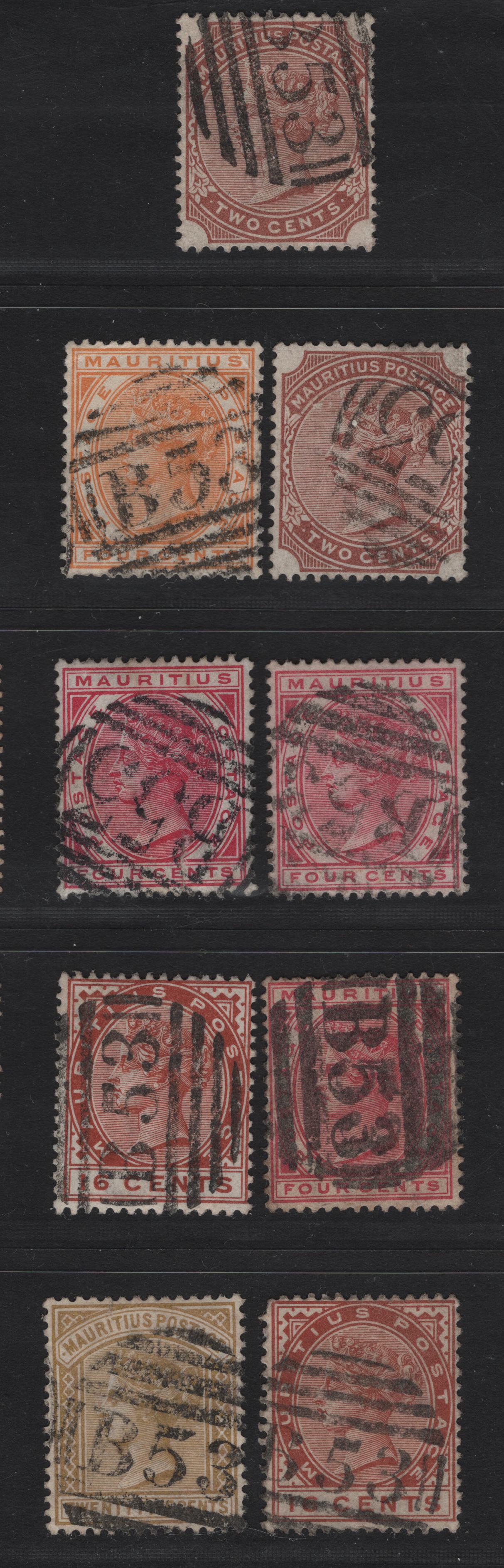 Lot 247 Mauritius (C) SG#102, 104, 105, 109 & 110, 1883-1894 Keyplate Issues, 9 Very Good/Fine/Very Fine Used Singles, B53 Port Louis Numeral Cancels, Crown CA Wmk
