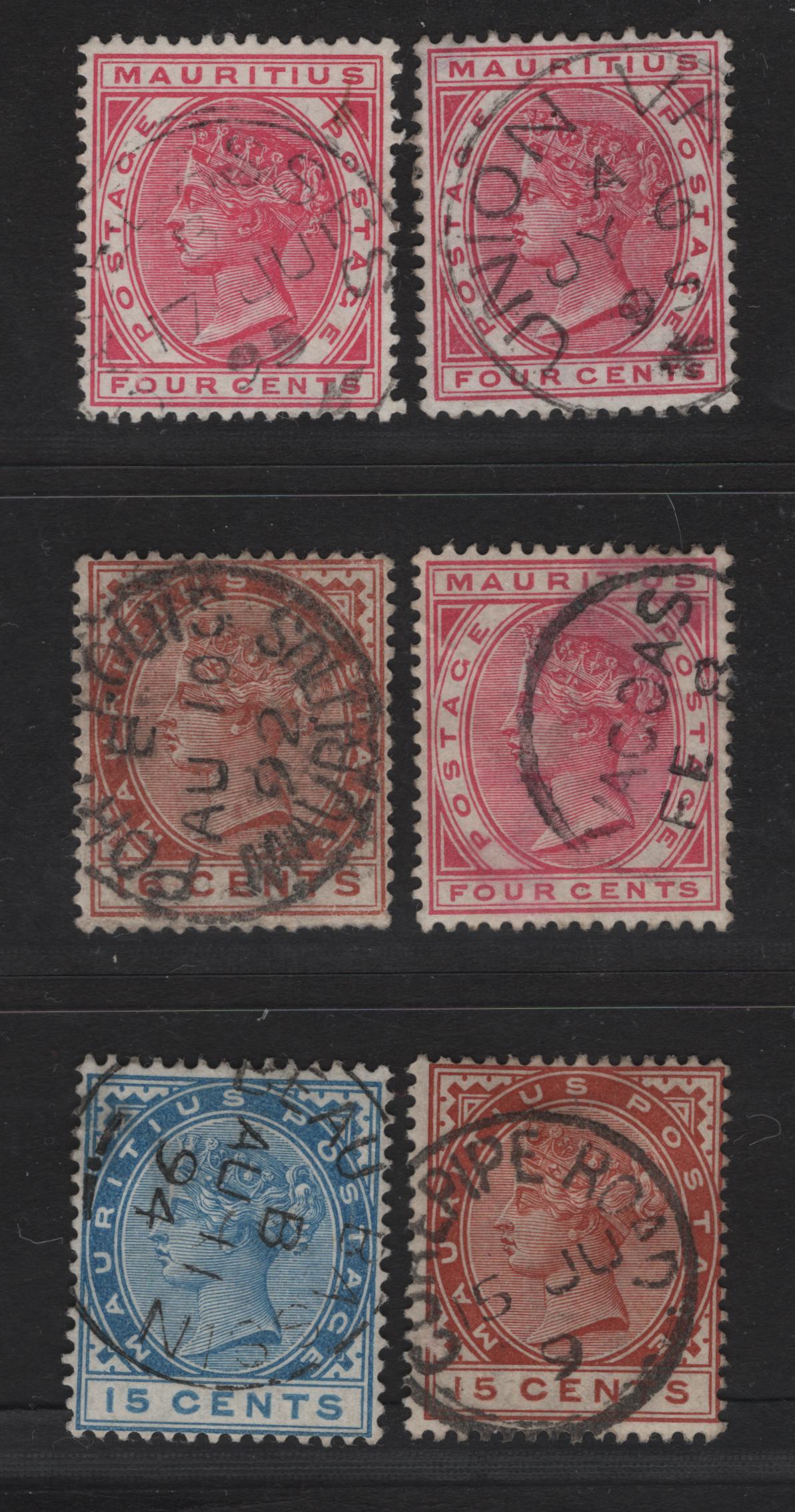 Lot 249 Mauritius (C)   1883-1894 Keyplate Issues, 6 Fine/Very Fine Used Singles, Smaller Town CDS Cancels, Cancels Include Union Vale, Curpipe Road, Port Louis, Vacoas, Gaullasses & Beau Bassin