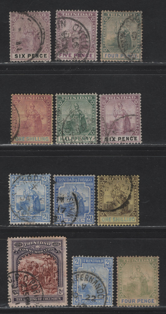 Lot 25 Trinidad (C) SG#119-120, 125, 130, 133, 141-142, 148, 151 5d - 2.5d Dull Purple & Mauve - Blue Britannia - Columbus Landing, 1896-1913 Britannia - Columbus Landing Issues, 12 Very Fine Used Singles, Crown CA & Multiple Crown CA Wmk