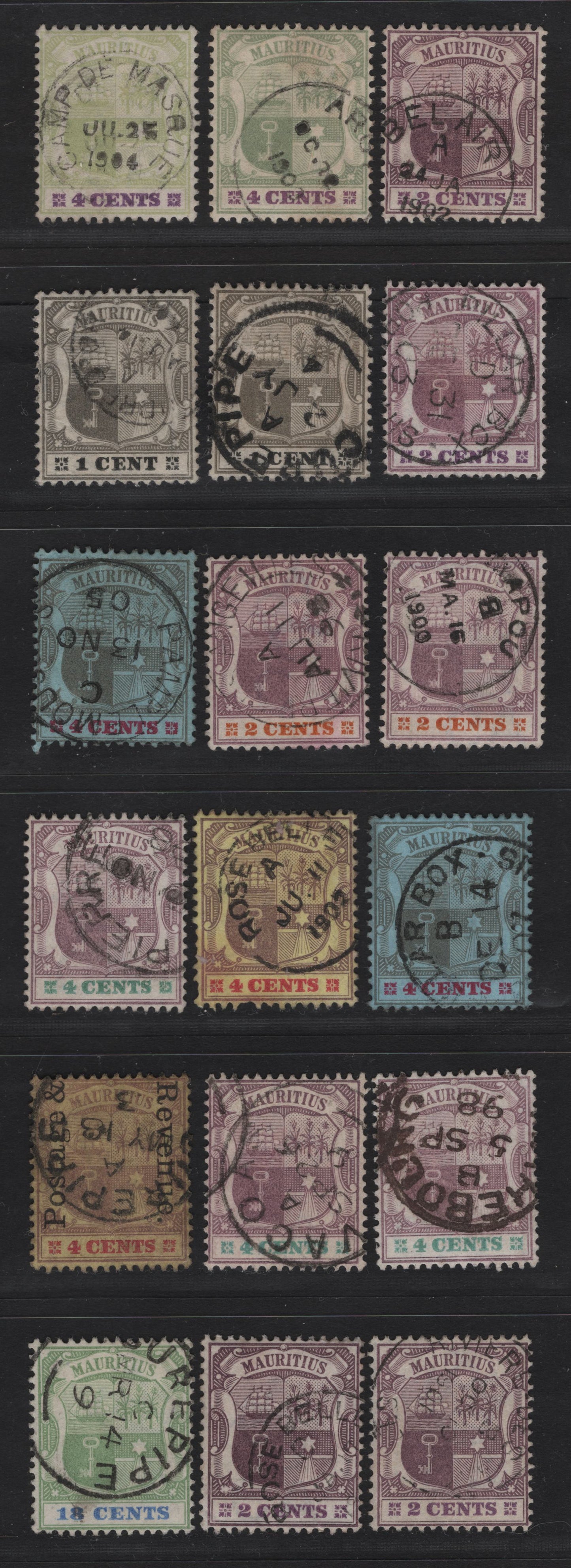 Lot 251 Mauritius (C)   1895-1905 Arms Issues, 18 Fine/Very Fine Used Singles, Small Town Cancels, Include Pillar Box, Pamplemouses, Camp de Masque, Curpipe, Rose Belle, Riviere des Angeillis, Vacoa, Mahebourg & Belair