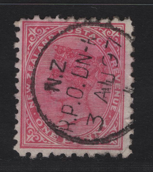 Lot 272 New Zealand (C)  SG#228 1d Rose Queen Victoria, 1882-1900 Second Sideface Issue, A Good Used Single, Dunedin North Railway Post Office Cancel Dated August 3 1897, Scarce, Die 3, Perf 10x11.