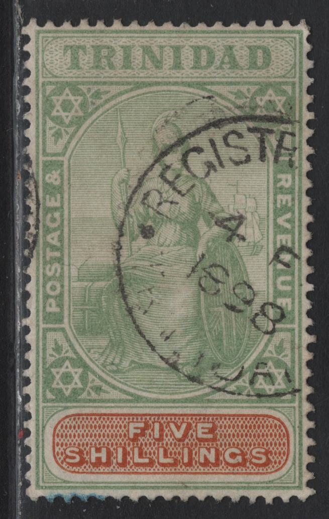 Lot 314 Trinidad (C) SG#122 5/- Green & Orange Brown 1896-1906 Britannia Keyplate Issue VF Used With February 4, 1898 Registrar General Cancel