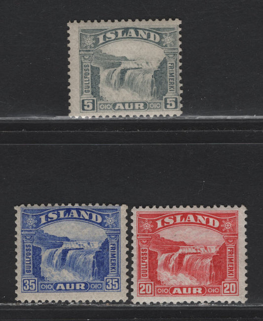 Lot 35 Iceland SC#170-172 5a - 35a Gray - Ultramarine Gullfoss Falls, 1931-1932 Gullfoss Falls Issue, 3 FOG Singles