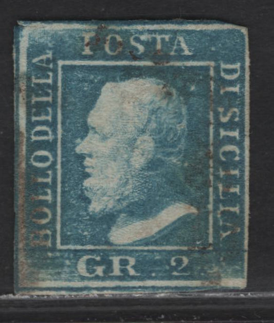 Lot 41 Italy - Two Sicilies SC#13g 2gr Blue Ferdinand II, 1859 Ferdinand II Issue, A Very Fine Used Imperf Single, Four Full Margins & Unobstrusive Cancellation On Hard White Paper From The Palermo Consignment