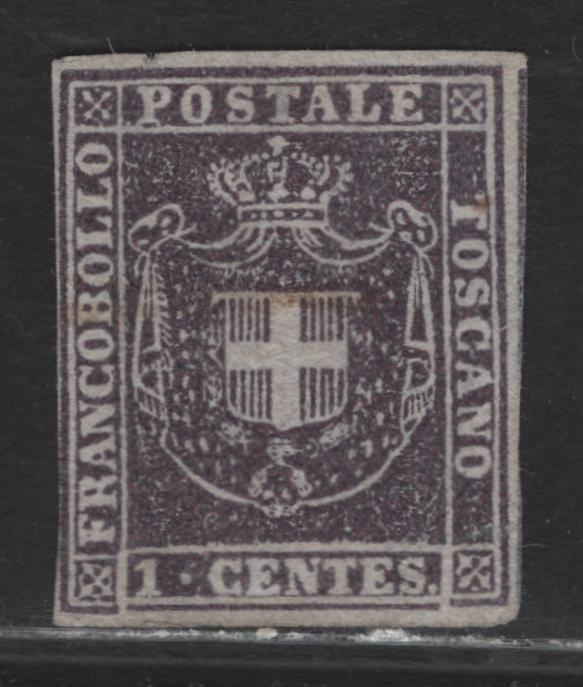 Lot 42 Italy - Tuscany SC#17b 1c Gray Lilac Arms, 1860 Arms Issue, A Fine Used Single, Light Pen Cancellation And A Clear 2019 Sismondo Certificate That Mentions A Very Shallow & Small Thin In The Hinge Area