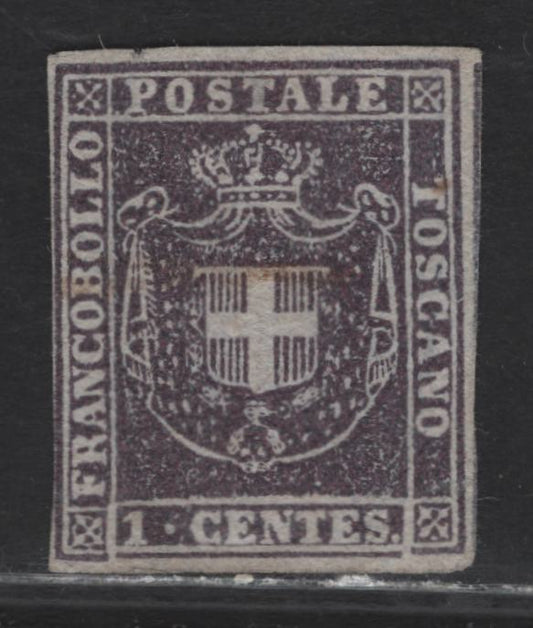 Lot 42 Italy - Tuscany SC#17b 1c Gray Lilac Arms, 1860 Arms Issue, A Fine Used Single, Light Pen Cancellation And A Clear 2019 Sismondo Certificate That Mentions A Very Shallow & Small Thin In The Hinge Area