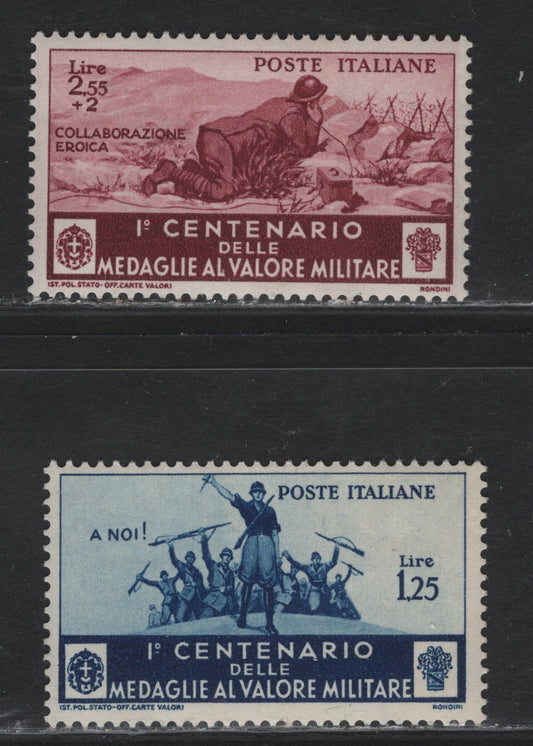 Lot 46 Italy SC#338, 340 1.25l - 2.55l+2l Dark Blue - Deep Claret Medal of Valor, 1934 Centenary Of Medal Of Valor Issue, 2 F/VFOG Singles