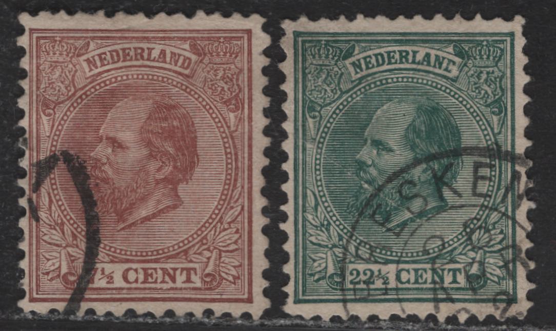 Lot 51 Netherlands SC#24, 29 7.5c - 22.5c Red Brown - Dark Green King William III, 1872-1888 King William III Keyplates Issue, 2 Very Good/Very Fine Used Singles, Perf 12.5x12, Heavy Diagonal Crease On 22.5c