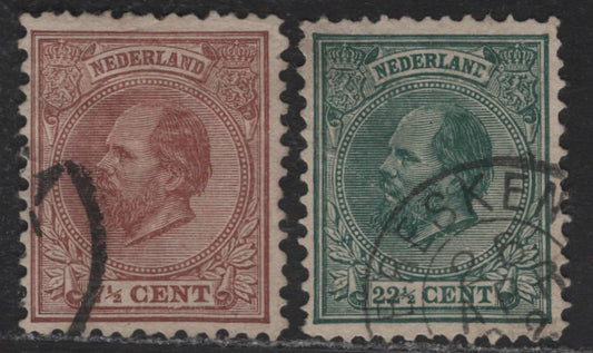 Lot 51 Netherlands SC#24, 29 7.5c - 22.5c Red Brown - Dark Green King William III, 1872-1888 King William III Keyplates Issue, 2 Very Good/Very Fine Used Singles, Perf 12.5x12, Heavy Diagonal Crease On 22.5c