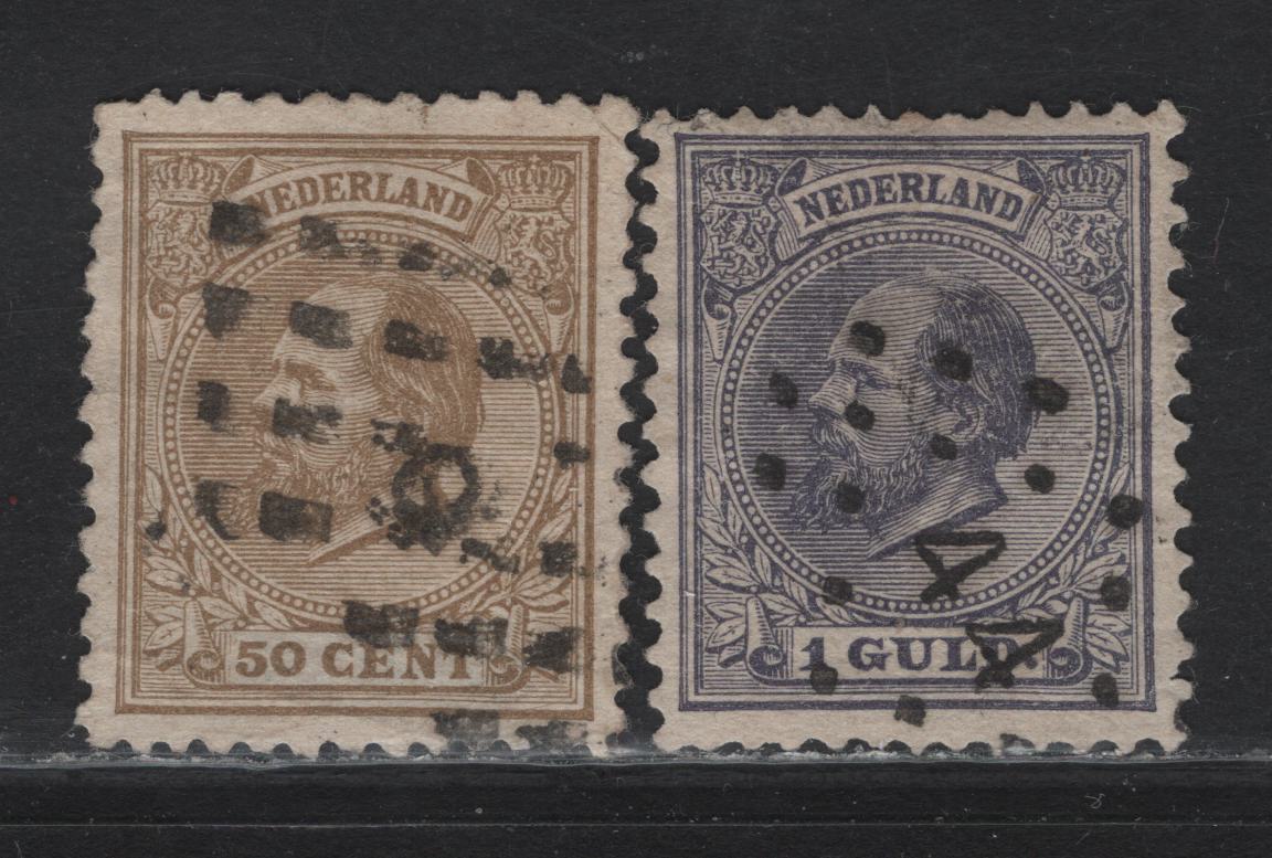 Lot 53 Netherlands SC#31-32 50c - 1g Bistre - Gray Violet King William III, 1872-1888 King William III Keyplate Issue, 2 Fine Used Singles, Perf 12.5x12, #5 & #44 Diagonal Dotted Cancels