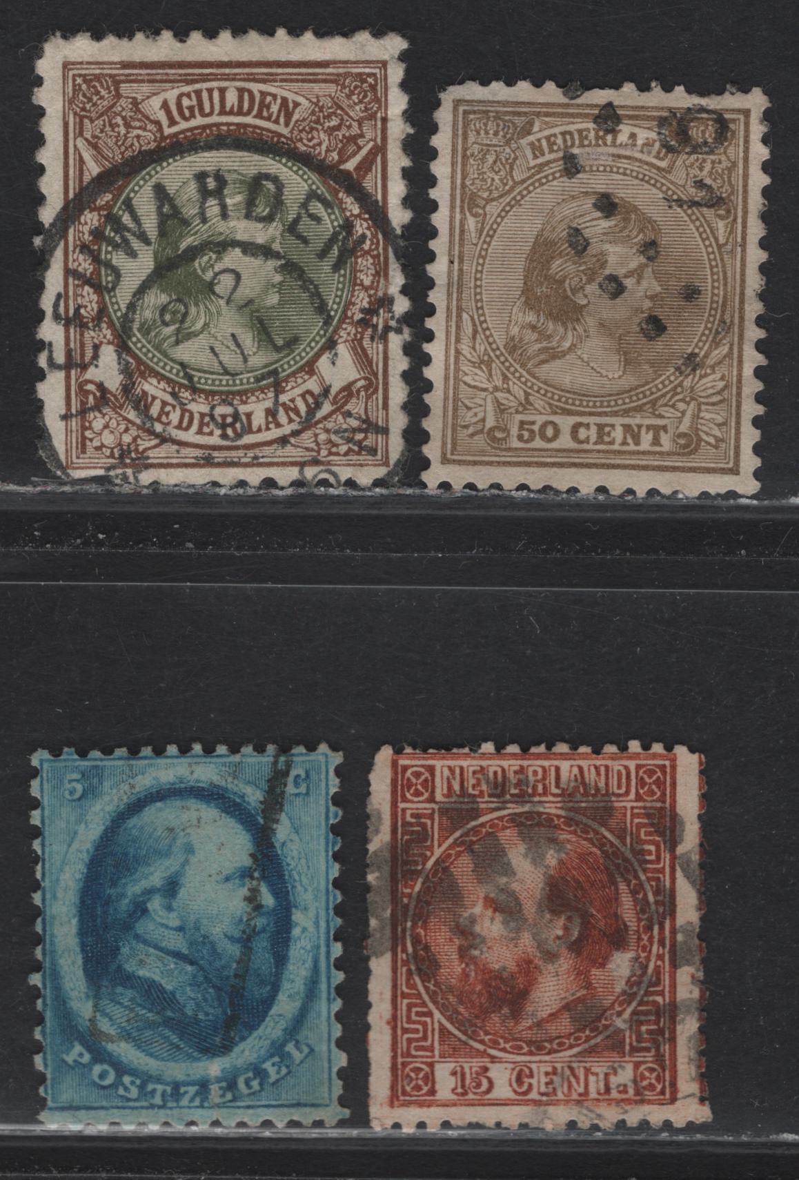 Lot 56 Netherlands SC#4, 9d, 49a, 52 5c - 1g Blue - Brown & Olive Green King William III - Princess Wilhelmina, 1864-1894 King William III - Princess Wilhelmina Keyplates Issues, 4 Ungraded Used Singles, Perf 12.5x12, 13.5x14, 12.5 & 11.5x11