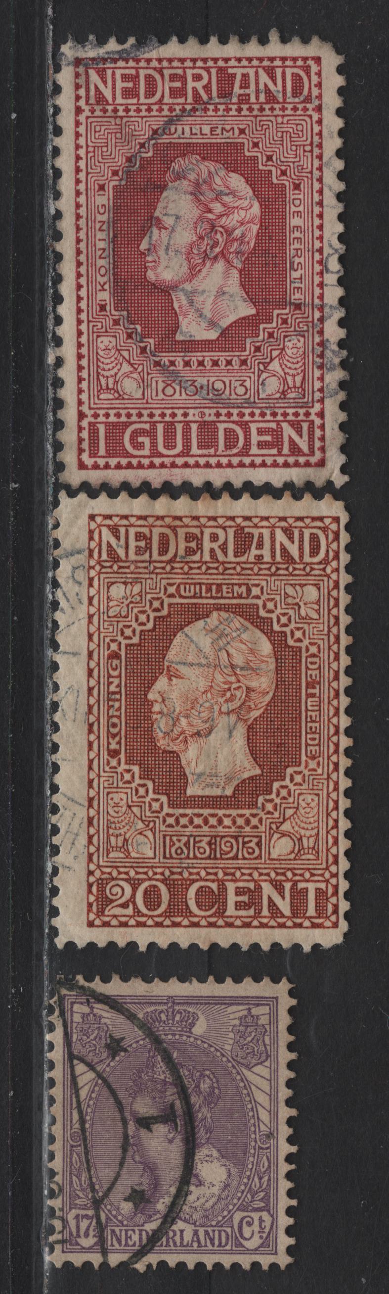 Lot 57 Netherlands SC#71, 95a, 98 17.5c - 1g Violet - Claret Queen Wilhelmina - Dutch Independence, 1898-1924 Queen Wilhelmina - Dutch Independence Issues, 3 Fine/Very Fine Used Singles, Tiny Crease Corner Perf On 1g, Perfs 11.5x11 & 11.5