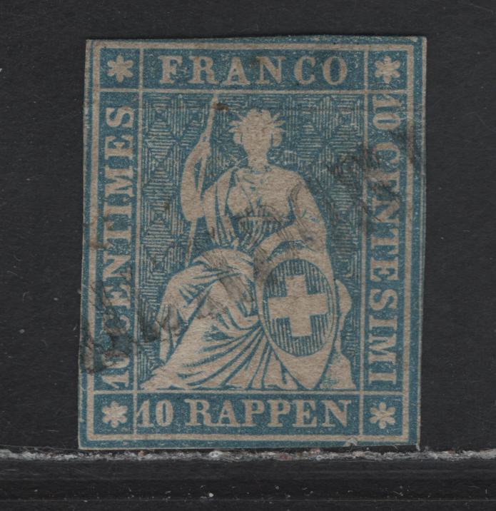 Lot 67 Switzerland SC#27 10r Blue Helvetia, 1855-1857 Strubel helvetia Issue, A Fine Used Single, Medium hick Paper, 2 barely Clear Margins & Two Lightly Cutting Into The Outer Frameline