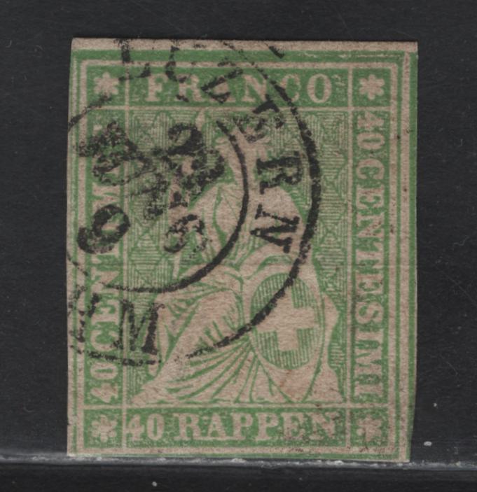 Lot 69 Switzerland SC#29 40r Yellow Green Helvetia, 1858-1862 Strubel Issue, A Fine Used Single, Rough Impression, Maroon Silkthread, Jumbo Margins At Top & Right.