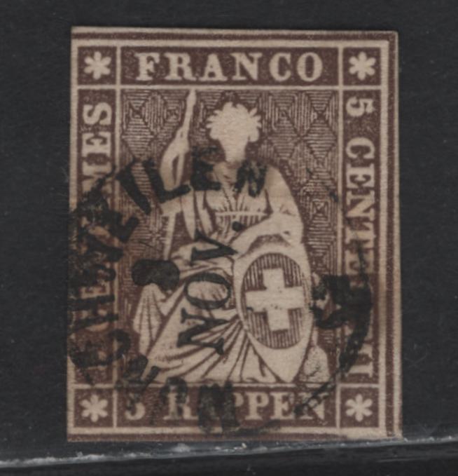 Lot 71 Switzerland SC#36 5r Brown Helvetia, 1858-1862 Strubel Issue, A Fine Used Single, Thick Paper With Green Silkthread, Clear Margins On 2 Sides & Just Touching On Two Sides