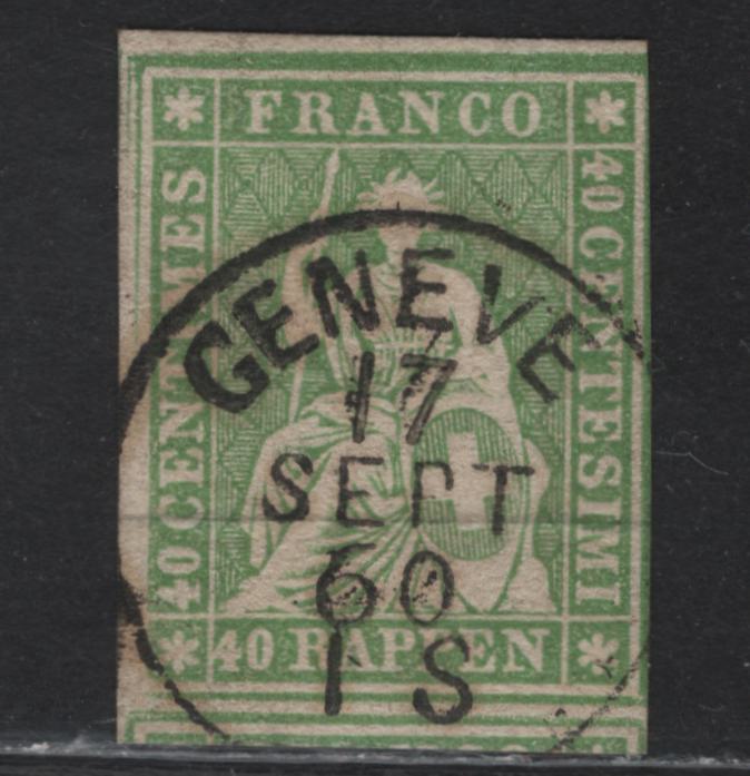 Lot 72 Switzerland SC#40b 40r Yellow Green Helvetia, 1858-1862 Strubel Issue, A Very Fine Used Single, Green Silkthread, Thick Paper, SON Sept 17 1860 Geneva CDS Cancel.