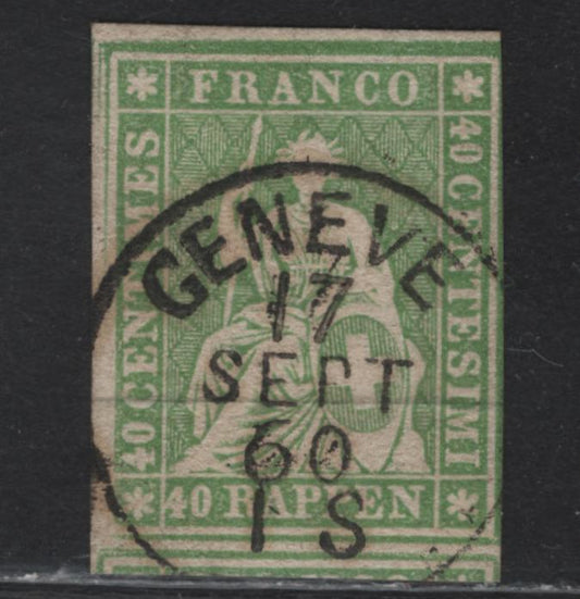 Lot 72 Switzerland SC#40b 40r Yellow Green Helvetia, 1858-1862 Strubel Issue, A Very Fine Used Single, Green Silkthread, Thick Paper, SON Sept 17 1860 Geneva CDS Cancel.