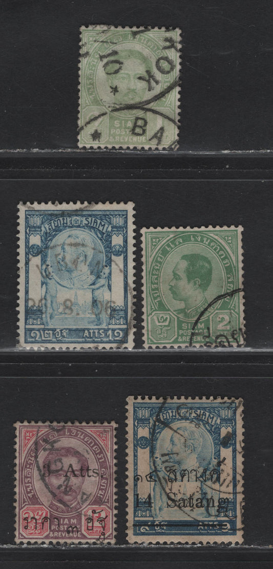 Lot 74 Thailand (C) SC#11, 54, 76, 102, 137 1a - 14s on 9a Green - Blue King Chulalongkorn, 1887-1891 King Chulalongkorn - Surcharged Issues, 5 Very Good/Fine/Very Fine Used Singles, 3a Surcharge Is The Antique Type
