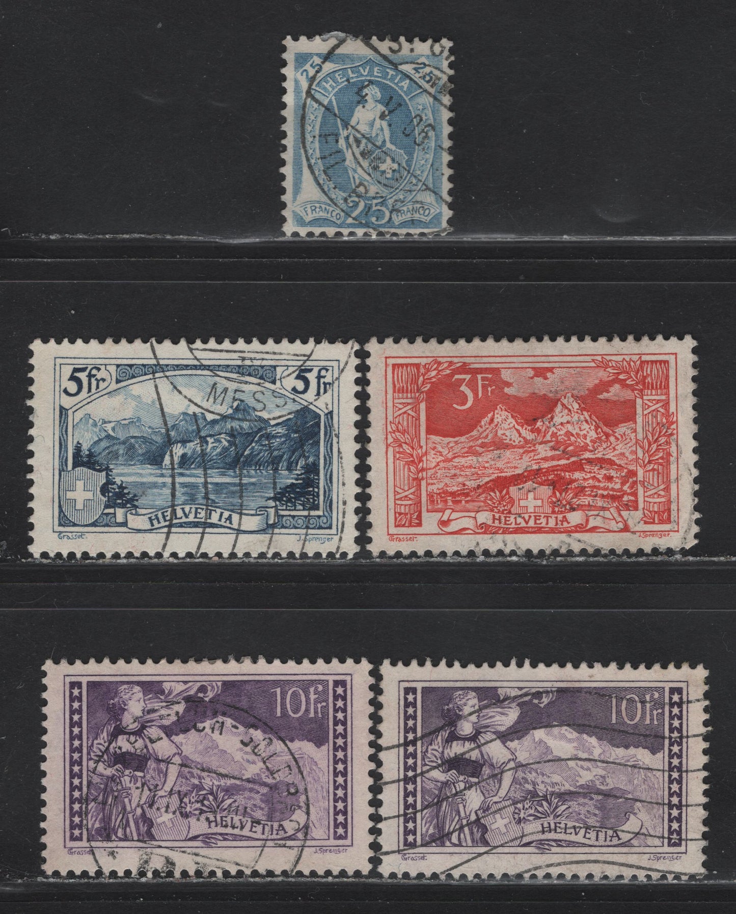 Lot 79 Switzerland (C) SC#112a, 182, 184, 206 25c -50fr Pale Blue - Blue Standing Helvetia - Pictorial, 1906-1928 Standing Helvetia - Re-Engraved Pictorial Issues, 5 Fine/Very Fine Used Singles, Includes Dull & Reddish Shades On 10fr