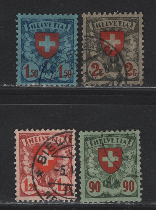 Lot 80 Switzerland  (C) SC#200, 201a, 202-203 90c - 2fr Green & Red on Green - Gray Black & Red on Gray Swiss Cross, 1924-1933 Swiss Cross Defintive Issue, 4 Very Fine Used Singles, Granite Paper, Includes 1.20fr With Grilled Gum