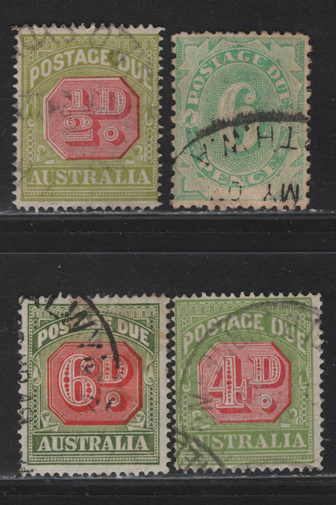 Lot 83 Australia (C) SG#D6, D26, D91,D125 6d Emerald Green - Carmine & Green Numerals, 1902-1957 Postage Dues, 4 Fine/Very Fine Used Singles, Crown Over NSW, Crown Over Narrow A or C of A Multiple Wmks