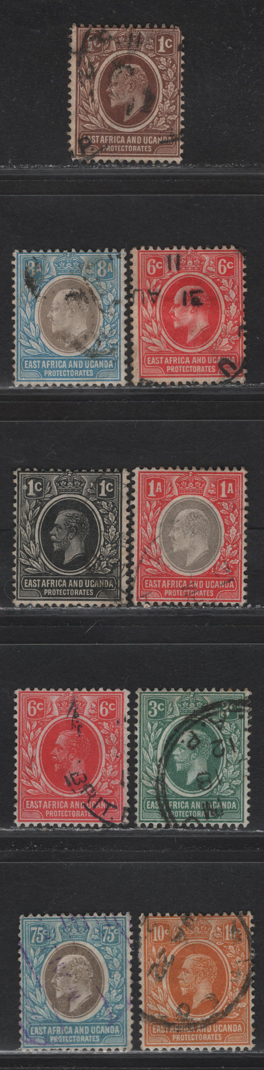 Lot 85 East Africa & Uganda Protectorates (C) SG#18, 25, 34, 36, 42, 44-46, 47a 1a - 10c Gray Black & Red - Orange King Edward VII - King George V, 1904-1921 King Edward VII - KGV Keyplates Issue, 9 Very Good/Fine/Very Fine Used Singles