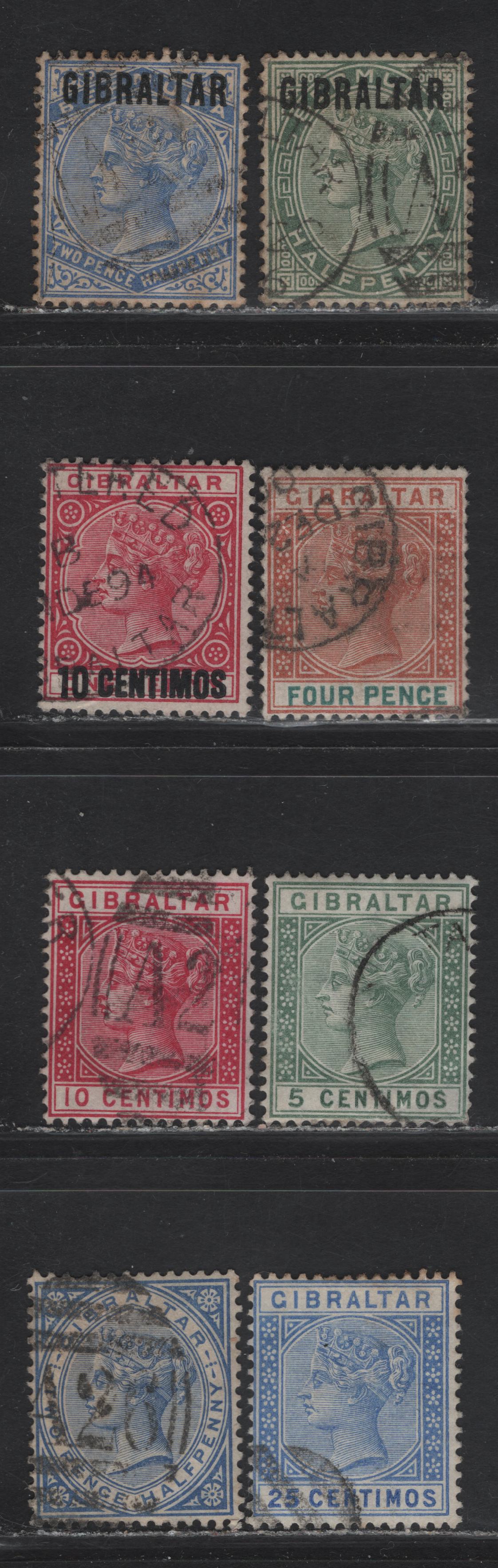 Lot 86 Gibraltar (C) SG#1, 4, 16, 22-23, 26, 42-43 1/2d - 4d Dull Green - Orange Brown & Green Gibraltar - Queen Victoria, 1886-1898 Gibraltar Overprints - Queen Victoria Issues, 8 Fine/Very Fine Used Singles, Re-Issue In Sterling Currency