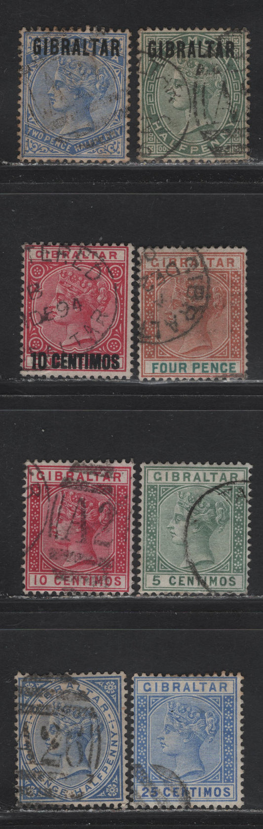 Lot 86 Gibraltar (C) SG#1, 4, 16, 22-23, 26, 42-43 1/2d - 4d Dull Green - Orange Brown & Green Gibraltar - Queen Victoria, 1886-1898 Gibraltar Overprints - Queen Victoria Issues, 8 Fine/Very Fine Used Singles, Re-Issue In Sterling Currency