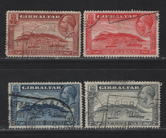 Lot 87 Gibraltar (C) SG#110-113 1d -3d Scarlet - Blue King George V, 1931-1933 KGV Rock of Gibraltar Definitive Issues, 4 Fine/Very Fine Used Singles, Some Light Corner Wrinkles On 3d