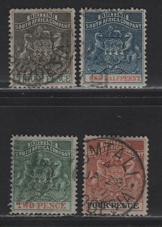 Lot 9 Rhodesia (C) SG#18, 20-22 1/2d - 4d Dull Blue & Vermillion - Chestnut & Black Arms, 1892-1894 Bradbury Wilkinson Arms Issue, 4 Fine/Very Fine Used Singles, 2d Is Watermarked 'I'