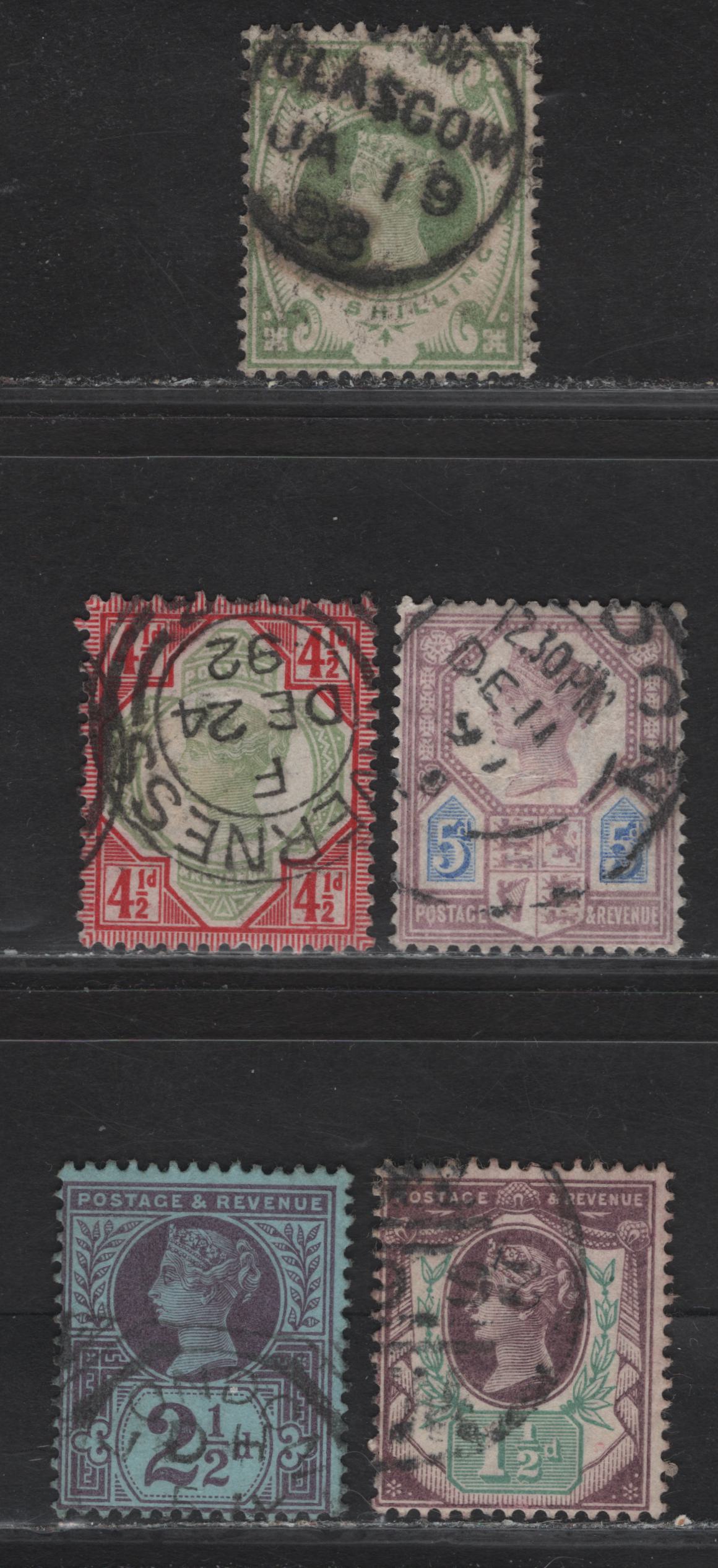 Lot 91 Great Britain (C) SG#198, 201, 206, 207a, 211 1.5d - 1/- Dull Purple & Green - Dull Green Jubilee, 1887-1900 Jubilee Issue, 5 Fine/Very Fine Used Singles