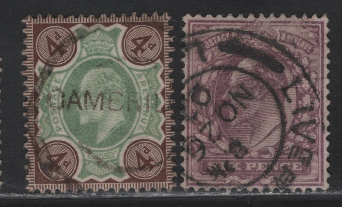 Lot 93 Great Britain (C) SG#246, 236 4d - 6d Green & Chocolate Brown - Slate Purple King Edward VII, 1902-1912 King Edward VII Keyplate Issue, 2 Very Fine Used Singles, De La Rue Printings With Cambridge & Liverpool Cancels