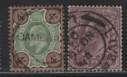 Lot 93 Great Britain (C) SG#246, 236 4d - 6d Green & Chocolate Brown - Slate Purple King Edward VII, 1902-1912 King Edward VII Keyplate Issue, 2 Very Fine Used Singles, De La Rue Printings With Cambridge & Liverpool Cancels